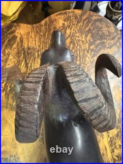 VTG Art IRON WOOD Hand Carved AMERICAN RAM Heavy Detailed 12T x 9L SCULPTURE