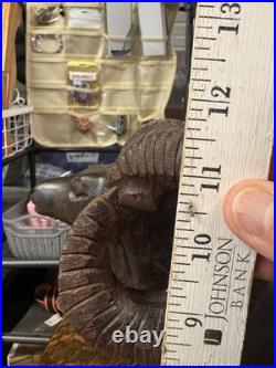 VTG Art IRON WOOD Hand Carved AMERICAN RAM Heavy Detailed 12T x 9L SCULPTURE