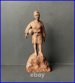 VTG Haitian Wooden Carved Statue Of A Standing Woman Signed J. Delva, 11 1/2 T