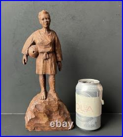 VTG Haitian Wooden Carved Statue Of A Standing Woman Signed J. Delva, 11 1/2 T