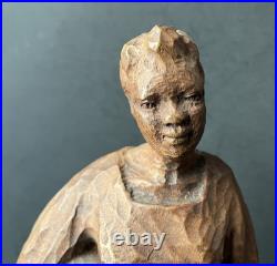 VTG Haitian Wooden Carved Statue Of A Standing Woman Signed J. Delva, 11 1/2 T