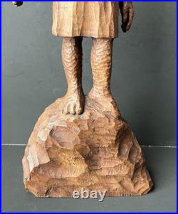 VTG Haitian Wooden Carved Statue Of A Standing Woman Signed J. Delva, 11 1/2 T