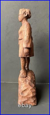 VTG Haitian Wooden Carved Statue Of A Standing Woman Signed J. Delva, 11 1/2 T