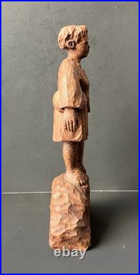 VTG Haitian Wooden Carved Statue Of A Standing Woman Signed J. Delva, 11 1/2 T