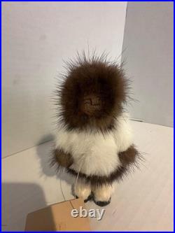 VTG Inuit Eskimo Folk Art Wood Carved Doll Real Fur Alaska