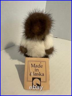 VTG Inuit Eskimo Folk Art Wood Carved Doll Real Fur Alaska