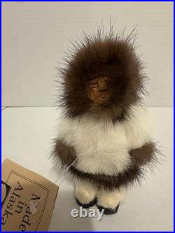 VTG Inuit Eskimo Folk Art Wood Carved Doll Real Fur Alaska