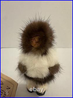VTG Inuit Eskimo Folk Art Wood Carved Doll Real Fur Alaska