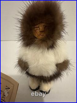 VTG Inuit Eskimo Folk Art Wood Carved Doll Real Fur Alaska