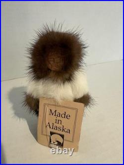 VTG Inuit Eskimo Folk Art Wood Carved Doll Real Fur Alaska