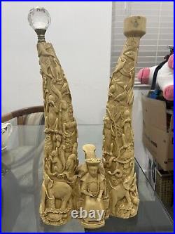 VTG Resin Ornate Carved Double Elephant Horn Asian Carvings 16.5 Tall