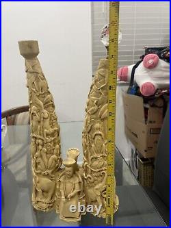 VTG Resin Ornate Carved Double Elephant Horn Asian Carvings 16.5 Tall