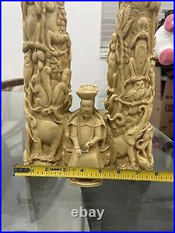 VTG Resin Ornate Carved Double Elephant Horn Asian Carvings 16.5 Tall