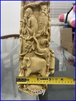 VTG Resin Ornate Carved Double Elephant Horn Asian Carvings 16.5 Tall