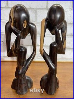 VTG The Thinker Wood Art Sculpture Carved Figure Minimalist Abstract Set Of 2