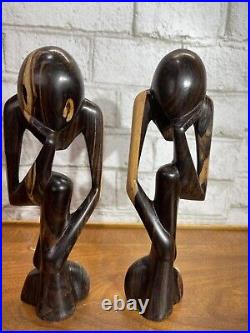 VTG The Thinker Wood Art Sculpture Carved Figure Minimalist Abstract Set Of 2