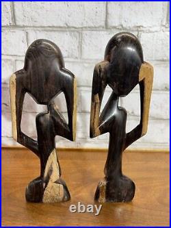 VTG The Thinker Wood Art Sculpture Carved Figure Minimalist Abstract Set Of 2