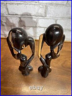 VTG The Thinker Wood Art Sculpture Carved Figure Minimalist Abstract Set Of 2