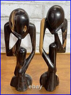 VTG The Thinker Wood Art Sculpture Carved Figure Minimalist Abstract Set Of 2