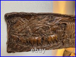 VTG Victor Ivanoff Signed Voortrekker Wagon Train Scene Wood Carving Wall Art