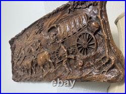 VTG Victor Ivanoff Signed Voortrekker Wagon Train Scene Wood Carving Wall Art