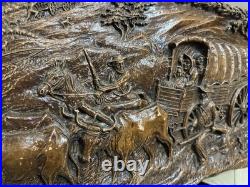 VTG Victor Ivanoff Signed Voortrekker Wagon Train Scene Wood Carving Wall Art