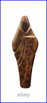 Veiled Woman Figurine Burl Wood Brown Statue Modest Clothed Garb Solemn Powerful