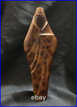 Veiled Woman Figurine Burl Wood Brown Statue Modest Clothed Garb Solemn Powerful