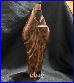 Veiled Woman Figurine Burl Wood Brown Statue Modest Clothed Garb Solemn Powerful