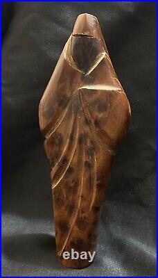 Veiled Woman Figurine Burl Wood Brown Statue Modest Clothed Garb Solemn Powerful