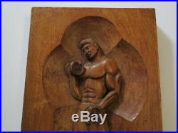 Vintage 1950's Wood Carving Muscle Man Body Builder Weight Lifting Sculpture