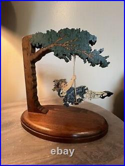 Vintage 1987 Wooden Handmade Handpainted Girl In Dress Swinging From Leafy Tree