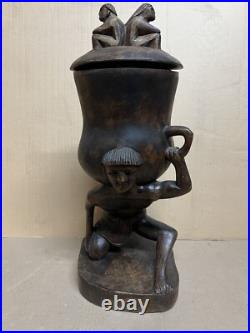 Vintage 21 Wood Carving Sculpture Ancient Man Holding Lifting Jar Pot Handmade Vintage 21 Wood Carving Sculpture Ancient Man Holding Lifting Jar Pot Handmade