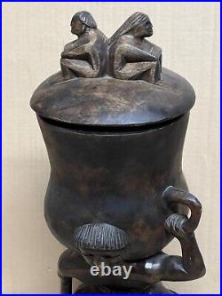 Vintage 21 Wood Carving Sculpture Ancient Man Holding Lifting Jar Pot Handmade Vintage 21 Wood Carving Sculpture Ancient Man Holding Lifting Jar Pot Handmade