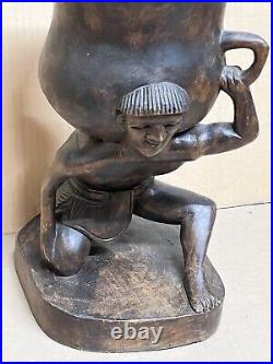 Vintage 21 Wood Carving Sculpture Ancient Man Holding Lifting Jar Pot Handmade Vintage 21 Wood Carving Sculpture Ancient Man Holding Lifting Jar Pot Handmade
