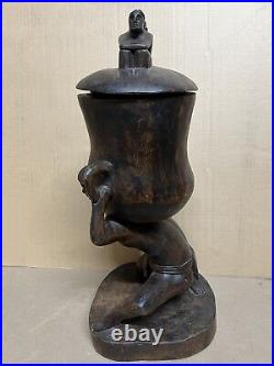 Vintage 21 Wood Carving Sculpture Ancient Man Holding Lifting Jar Pot Handmade Vintage 21 Wood Carving Sculpture Ancient Man Holding Lifting Jar Pot Handmade