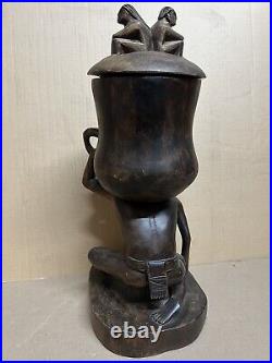 Vintage 21 Wood Carving Sculpture Ancient Man Holding Lifting Jar Pot Handmade Vintage 21 Wood Carving Sculpture Ancient Man Holding Lifting Jar Pot Handmade