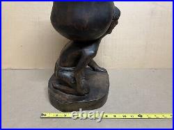 Vintage 21 Wood Carving Sculpture Ancient Man Holding Lifting Jar Pot Handmade Vintage 21 Wood Carving Sculpture Ancient Man Holding Lifting Jar Pot Handmade