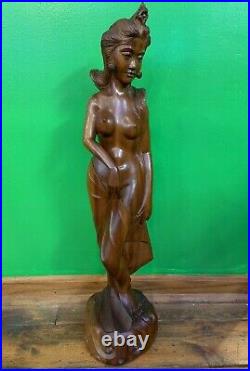 Vintage 27 inch NUDE BALI CARVED WOOD ISLAND WOMAN FIGURE / SCULPTURE DenPasar