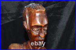 Vintage AFRICAN AMERICAN Sculpture Hand Wood Carving Of Young Man 26.5T