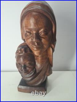 Vintage African Carving Wood Bust Sculpture Statue Art By MAUKA CYRILLE 16 Tall