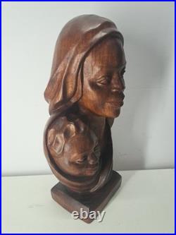 Vintage African Carving Wood Bust Sculpture Statue Art By MAUKA CYRILLE 16 Tall