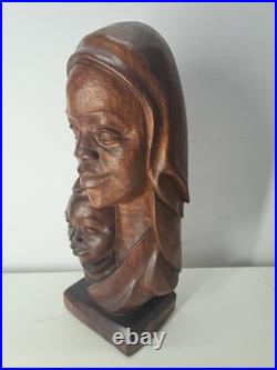 Vintage African Carving Wood Bust Sculpture Statue Art By MAUKA CYRILLE 16 Tall