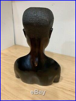Vintage African Hand Carved Ebony Wood Sculpture Male Head Bust 12'' Tall