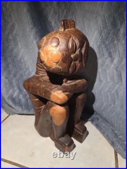 Vintage African Hand Carved Wood Seated Figure Sculpture 13.5 Arms Crossed F. B