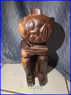 Vintage African Hand Carved Wood Seated Figure Sculpture 13.5 Arms Crossed F. B