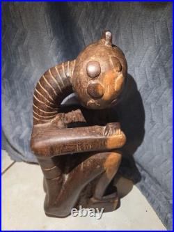 Vintage African Hand Carved Wood Seated Figure Sculpture 13.5 Arms Crossed F. B