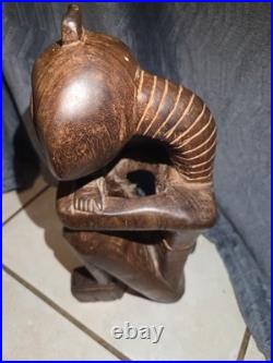 Vintage African Hand Carved Wood Seated Figure Sculpture 13.5 Arms Crossed F. B