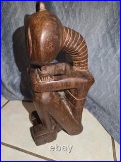 Vintage African Hand Carved Wood Seated Figure Sculpture 13.5 Arms Crossed F. B