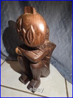Vintage African Hand Carved Wood Seated Figure Sculpture 13.5 Arms Crossed F. B